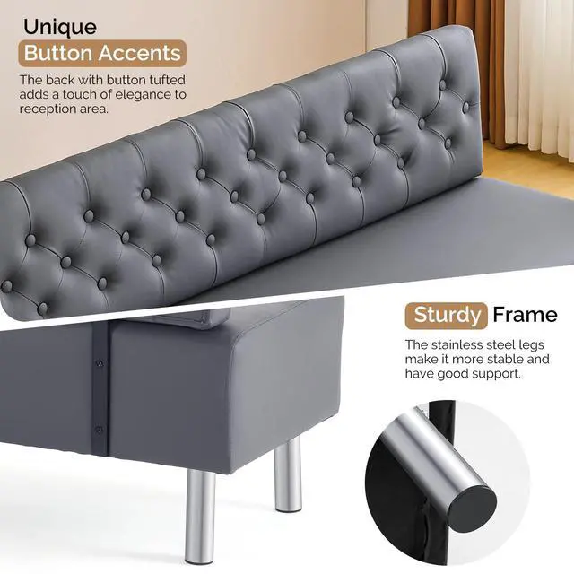 Alt view image 4 of 7 - Waiting Room Bench with Back, 58.6 Office Guest Chair Upholstered Reception Seating, Lobby Furniture for Beauty Salon Barbershop Airport Bank Hall Room Conference, Button Tufted, Gray