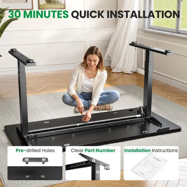 Alt view image 7 of 7 - Black 63x30 in Electric Standing Desk, 1 Inch Thick Tabletop | Double Beam Frame, Holds 220lbs, Sit Stand, 3 Memory Height Adjustment, Extra Deep Table Top, Black Frame