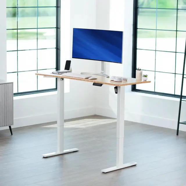Alt view image 2 of 7 - Real Bamboo 60 x 24 in Standing Desk, DESK-KIT-1W6O | Electric, Holds 220 lbs, Sit Stand, Height Adjustable, Solid One-Piece Table Top, Memory Presets, 1B Series, White Frame