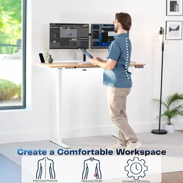 Alt view image 3 of 7 - Real Bamboo 60 x 24 in Standing Desk, DESK-KIT-1W6O | Electric, Holds 220 lbs, Sit Stand, Height Adjustable, Solid One-Piece Table Top, Memory Presets, 1B Series, White Frame