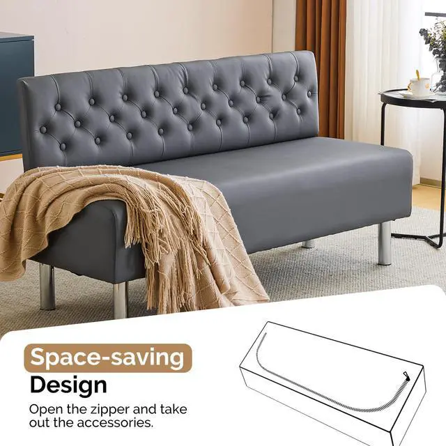 Alt view image 7 of 7 - Waiting Room Bench with Back, 58.6 Office Guest Chair Upholstered Reception Seating, Lobby Furniture for Beauty Salon Barbershop Airport Bank Hall Room Conference, Button Tufted, Gray