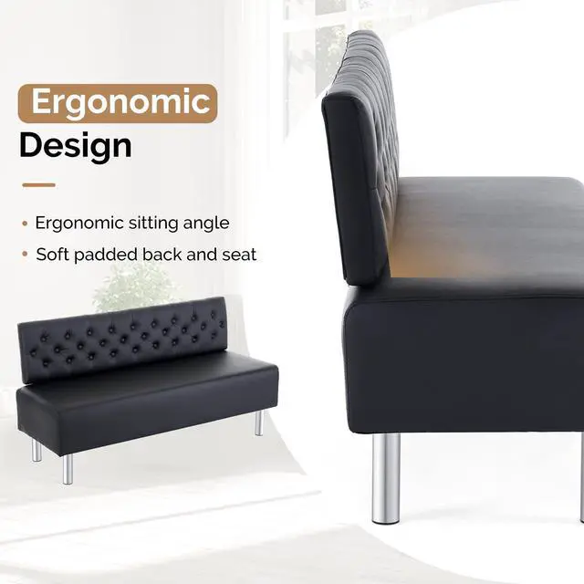 Alt view image 3 of 7 - Waiting Room Bench with Back, 58.6 Office Guest Chair Upholstered Reception Seating, Lobby Furniture for Beauty Salon Barbershop Airport Bank Hall Room Conference, Button Tufted, Black
