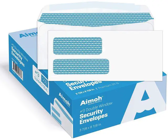 Main image of #9 Envelopes Gummed Security Double Window Envelopes 2500ct | Double window, Gummed closure, Security tinted, 24 LB paper, 3-7/8 x 8-7/8 For invoices, statements & legal documents (30129)