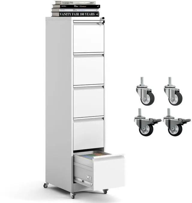 Main image of 5 Drawer Mobile File Cabinet, Metal Filing Cabinet with Lock and Wheels, Home Office Rolling File Cabinets for Legal/Letter Hanging File Folders, Un-Assembled (White)