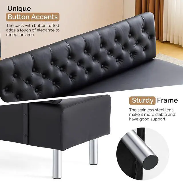 Alt view image 4 of 7 - Waiting Room Bench with Back, 58.6 Office Guest Chair Upholstered Reception Seating, Lobby Furniture for Beauty Salon Barbershop Airport Bank Hall Room Conference, Button Tufted, Black