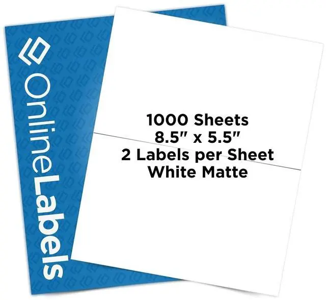 Main image of OnlineLabels 8.5" x 5.5" Half-Sheet Shipping Labels - Matte - 1,000 Sheets | Permanent Adhesive, Blank Rectangle Labels, Inkjet & Laser Compatible, Ideal for FBA, FedEx, USPS, & UPS Shipping