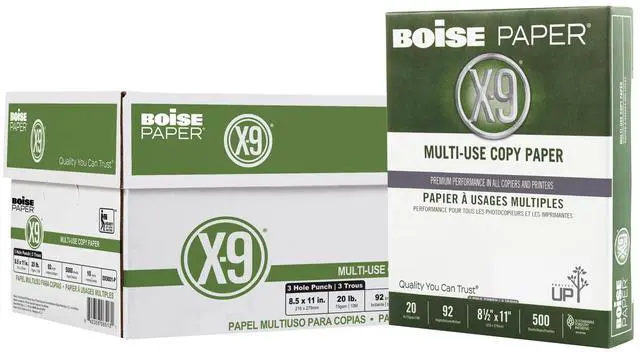 Main image of Boise Paper X-9 Multi-Use 3-Hole Punch Copy Paper 10 Ream (5,000 Sheets) | 8.5" x 11" Letter | 92 Bright White - 20 lb. | OX-9001P-CTN