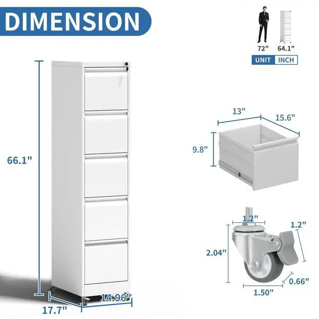 Alt view image 3 of 7 - 5 Drawer Mobile File Cabinet, Metal Filing Cabinet with Lock and Wheels, Home Office Rolling File Cabinets for Legal/Letter Hanging File Folders, Un-Assembled (White)
