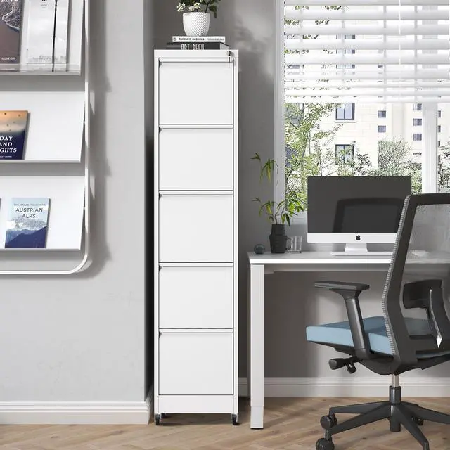 Alt view image 2 of 7 - 5 Drawer Mobile File Cabinet, Metal Filing Cabinet with Lock and Wheels, Home Office Rolling File Cabinets for Legal/Letter Hanging File Folders, Un-Assembled (White)