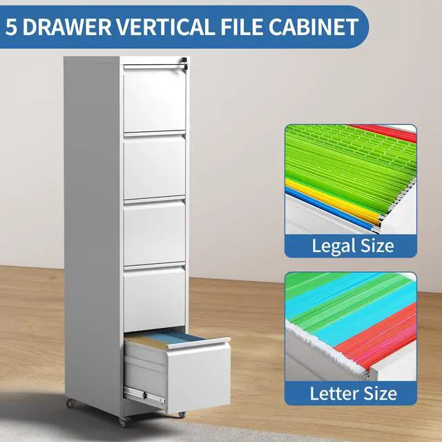 Alt view image 6 of 7 - 5 Drawer Mobile File Cabinet, Metal Filing Cabinet with Lock and Wheels, Home Office Rolling File Cabinets for Legal/Letter Hanging File Folders, Un-Assembled (White)