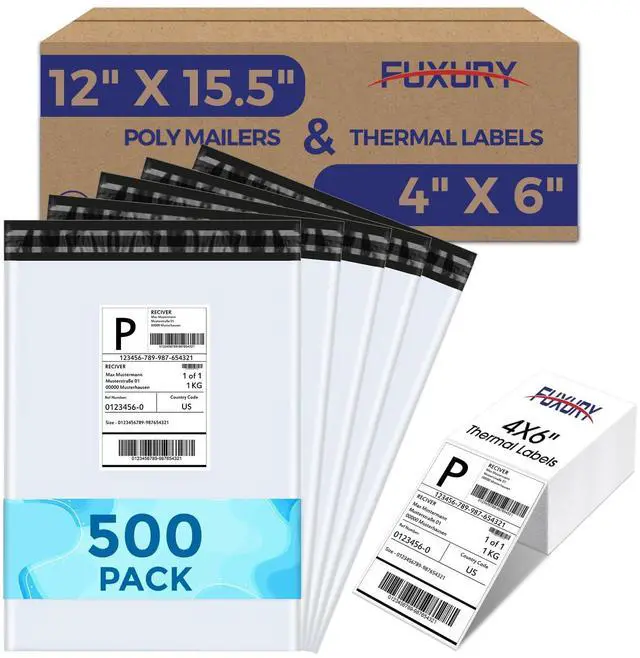 Main image of 500 Pcs 12x15.5" Poly Mailers Sets with 4x6" Thermal Labels | Waterproof Mailing Envelopes & Stickers for Clothing, Strong Adhesive Poly Shipping Postage Bags for Business (White A Box)