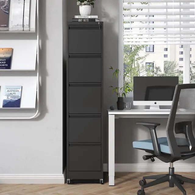 Alt view image 2 of 7 - 5 Drawer Mobile File Cabinet, Metal Filing Cabinet with Lock and Wheels, Home Office Rolling File Cabinets for Legal/Letter Hanging File Folders, Un-Assembled (Black)