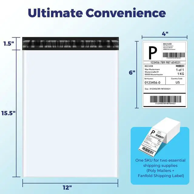 Alt view image 2 of 6 - 500 Pcs 12x15.5" Poly Mailers Sets with 4x6" Thermal Labels | Waterproof Mailing Envelopes & Stickers for Clothing, Strong Adhesive Poly Shipping Postage Bags for Business (White A Box)