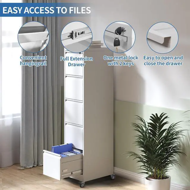 Alt view image 7 of 7 - 5 Drawer Mobile File Cabinet, Metal Filing Cabinet with Lock and Wheels, Home Office Rolling File Cabinets for Legal/Letter Hanging File Folders, Un-Assembled (White)