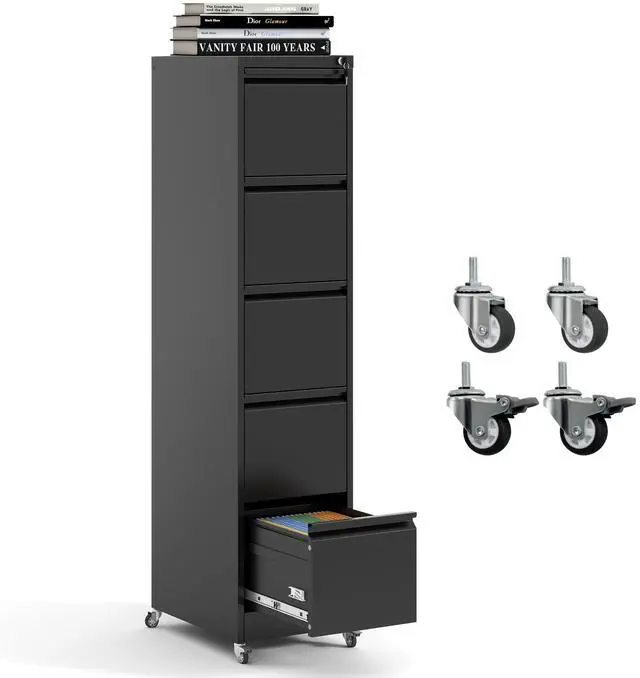 Main image of 5 Drawer Mobile File Cabinet, Metal Filing Cabinet with Lock and Wheels, Home Office Rolling File Cabinets for Legal/Letter Hanging File Folders, Un-Assembled (Black)
