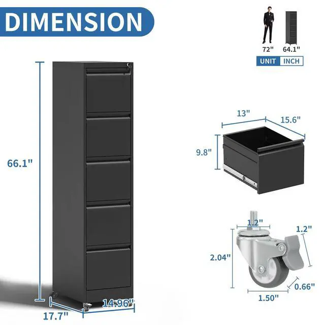 Alt view image 3 of 7 - 5 Drawer Mobile File Cabinet, Metal Filing Cabinet with Lock and Wheels, Home Office Rolling File Cabinets for Legal/Letter Hanging File Folders, Un-Assembled (Black)