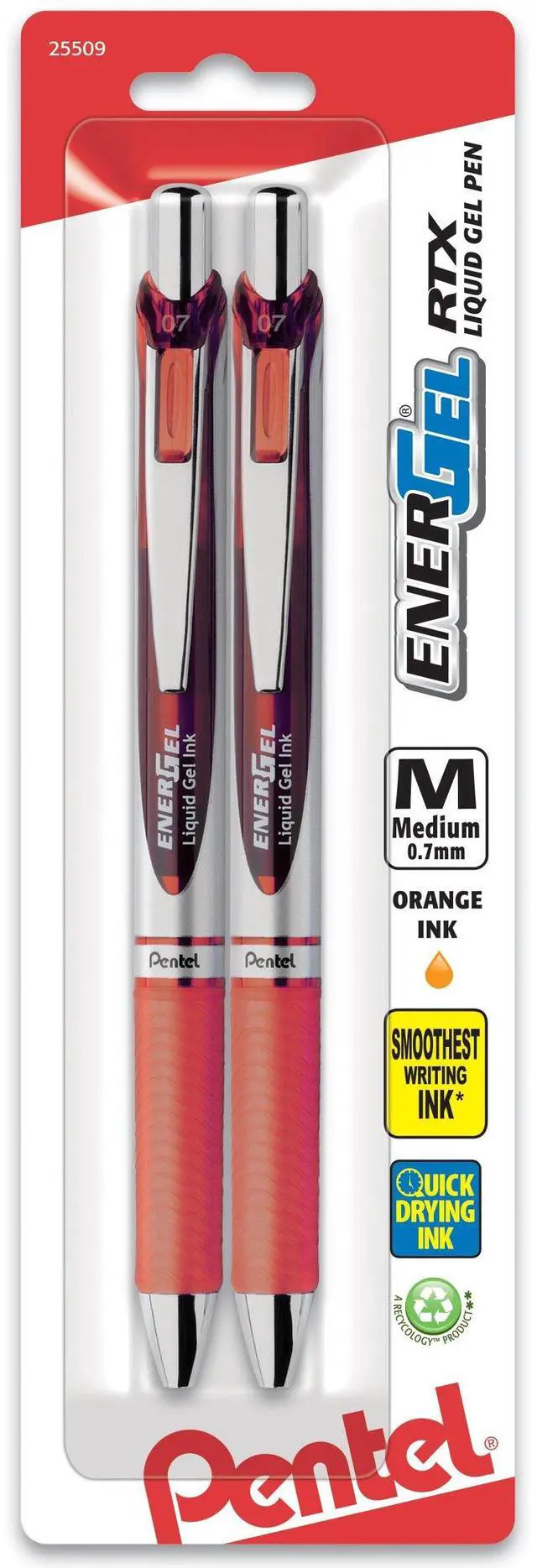 Main image of EnerGel RTX Retractable Liquid Gel Pen, Medium Line, Metal Tip, Orange Ink, 2-Pack (BL77BP2F)