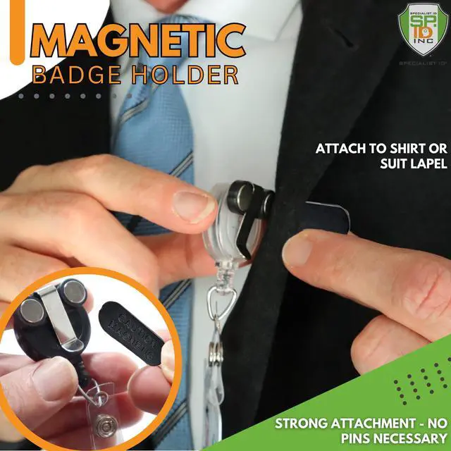 Alt view image 2 of 7 - Bulk 25 Pack - Magnetic Name Badge Holder - Retractable Badge Reel with Magnet Back - Retracting Clothing Friendly Lanyard Work ID Holder for Shirt, Lapel, Scrubs, and More by (Clear)