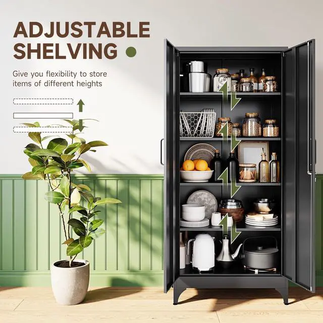 Alt view image 5 of 7 - 71" H Metal Storage Cabinet with 2 Doors and 4 Shelves,Tall Kitchen Pantry Cabinets,Utility Pantry Organizers for Cupboard/Dining/Bathroom/Home Office/Garage, Steel Tool Cabinets