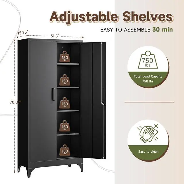 Alt view image 3 of 7 - 71" H Metal Storage Cabinet with 2 Doors and 4 Shelves,Tall Kitchen Pantry Cabinets,Utility Pantry Organizers for Cupboard/Dining/Bathroom/Home Office/Garage, Steel Tool Cabinets