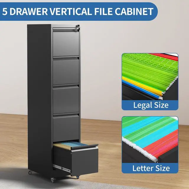 Alt view image 6 of 7 - 5 Drawer Mobile File Cabinet, Metal Filing Cabinet with Lock and Wheels, Home Office Rolling File Cabinets for Legal/Letter Hanging File Folders, Un-Assembled (Black)