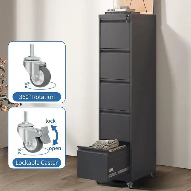 Alt view image 5 of 7 - 5 Drawer Mobile File Cabinet, Metal Filing Cabinet with Lock and Wheels, Home Office Rolling File Cabinets for Legal/Letter Hanging File Folders, Un-Assembled (Black)