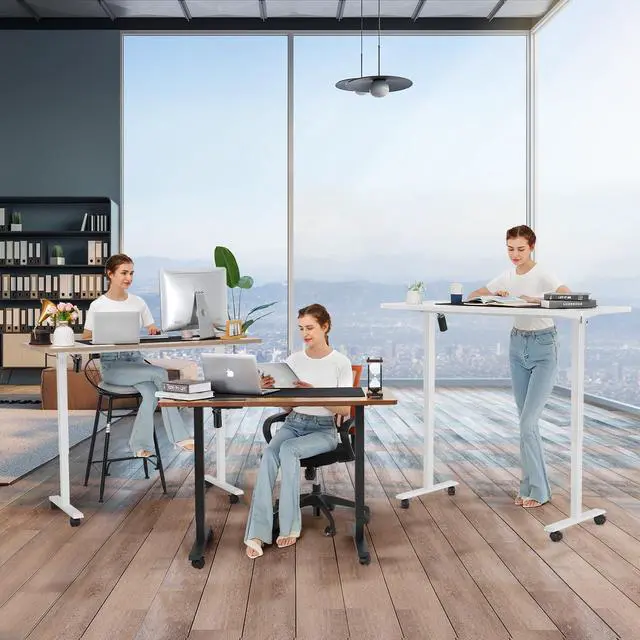 Alt view image 2 of 7 - Electric Adjustable Standing Desk with Wheels, 63'' x 24''Sit Stand Desk with Dual Crossbeam Structure and Mouse Pad, 27''-46'' Lifting Range Stand up Desk(Brown)