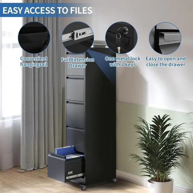 Alt view image 7 of 7 - 5 Drawer Mobile File Cabinet, Metal Filing Cabinet with Lock and Wheels, Home Office Rolling File Cabinets for Legal/Letter Hanging File Folders, Un-Assembled (Black)