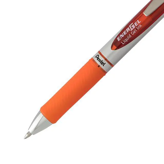 Alt view image 4 of 7 - EnerGel RTX Retractable Liquid Gel Pen, Medium Line, Metal Tip, Orange Ink, 2-Pack (BL77BP2F)