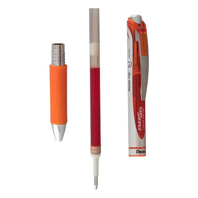 Alt view image 5 of 7 - EnerGel RTX Retractable Liquid Gel Pen, Medium Line, Metal Tip, Orange Ink, 2-Pack (BL77BP2F)