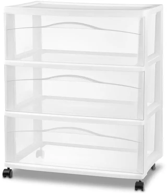 Main image of Wide 3 Drawer Storage Cart Plastic Rolling Organizer, White Frame | Clear Multi-Purpose Drawer, Portable Organizing Container with Wheels for Bedrooms, Kitchens, Bathrooms, and Closets