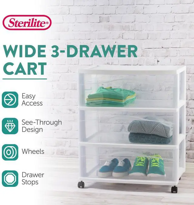 Alt view image 4 of 7 - Wide 3 Drawer Storage Cart Plastic Rolling Organizer, White Frame | Clear Multi-Purpose Drawer, Portable Organizing Container with Wheels for Bedrooms, Kitchens, Bathrooms, and Closets
