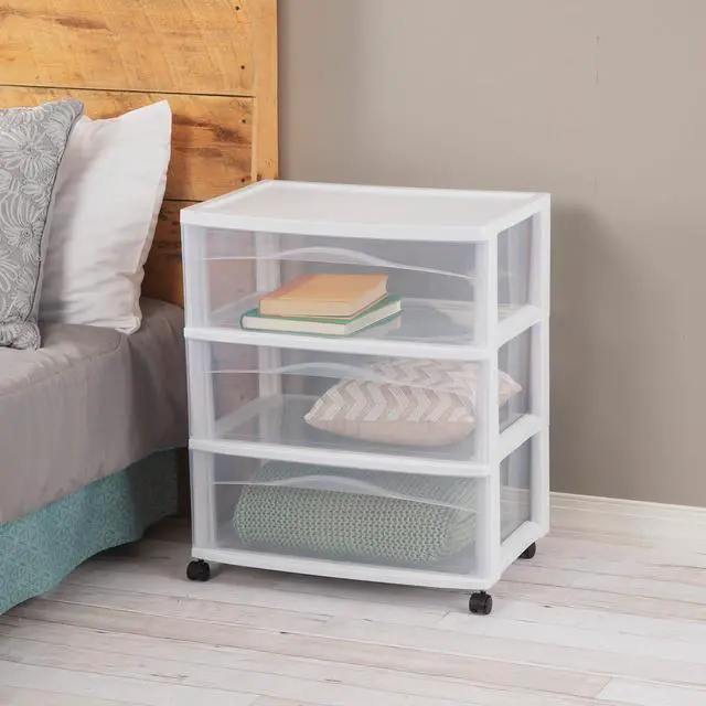 Alt view image 2 of 7 - Wide 3 Drawer Storage Cart Plastic Rolling Organizer, White Frame | Clear Multi-Purpose Drawer, Portable Organizing Container with Wheels for Bedrooms, Kitchens, Bathrooms, and Closets