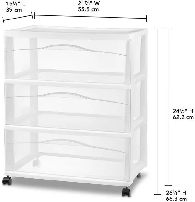 Alt view image 3 of 7 - Wide 3 Drawer Storage Cart Plastic Rolling Organizer, White Frame | Clear Multi-Purpose Drawer, Portable Organizing Container with Wheels for Bedrooms, Kitchens, Bathrooms, and Closets