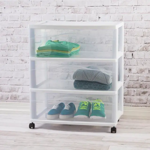 Alt view image 5 of 7 - Wide 3 Drawer Storage Cart Plastic Rolling Organizer, White Frame | Clear Multi-Purpose Drawer, Portable Organizing Container with Wheels for Bedrooms, Kitchens, Bathrooms, and Closets