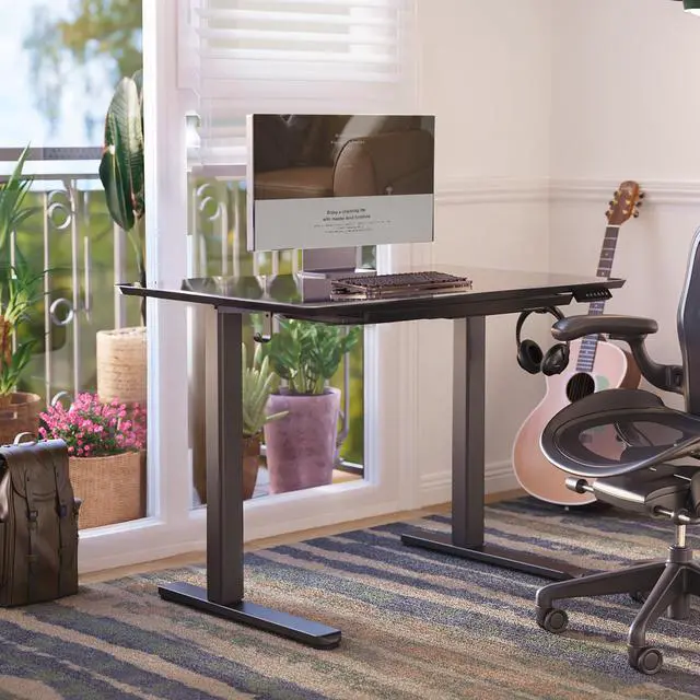 Alt view image 2 of 7 - Glass Standing Desk with Drawers 35x20 Inch Black | Tempered Glass Top, Ergonomic, 3 Memory Presets, Adjustable Height, Stand Up Desk