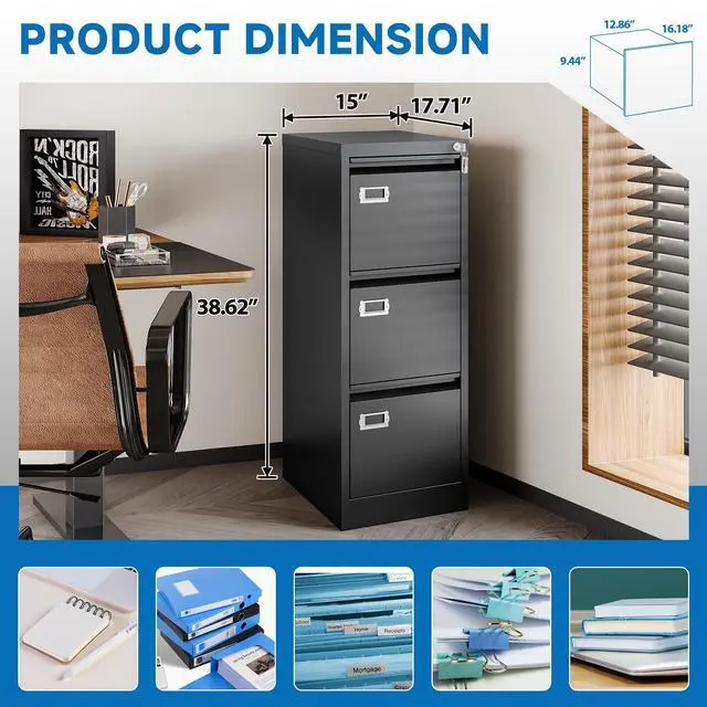 Alt view image 2 of 7 - 3 Drawer File Cabinet with Lock Metal Vertical File Cabinet Office Home Narrow File Cabinet for A4 Legal/Letter Size,Assembly Required (Black, 3 Drawers-Vertical)