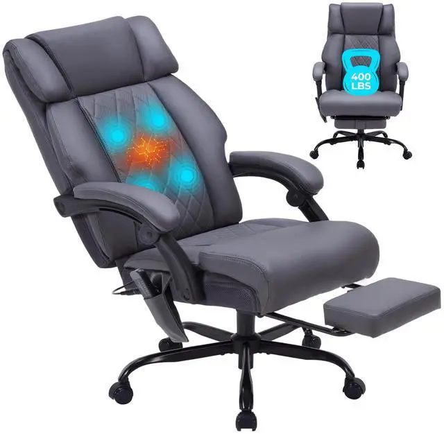 Main image of Massage Office Chair with Foot Rest and Heating, Executive Ergonomic Reclining Leather Office Chair, Big and Tall Desk Chair with Vibration Massager, Computer Gaming Chair for Home & Office Gray