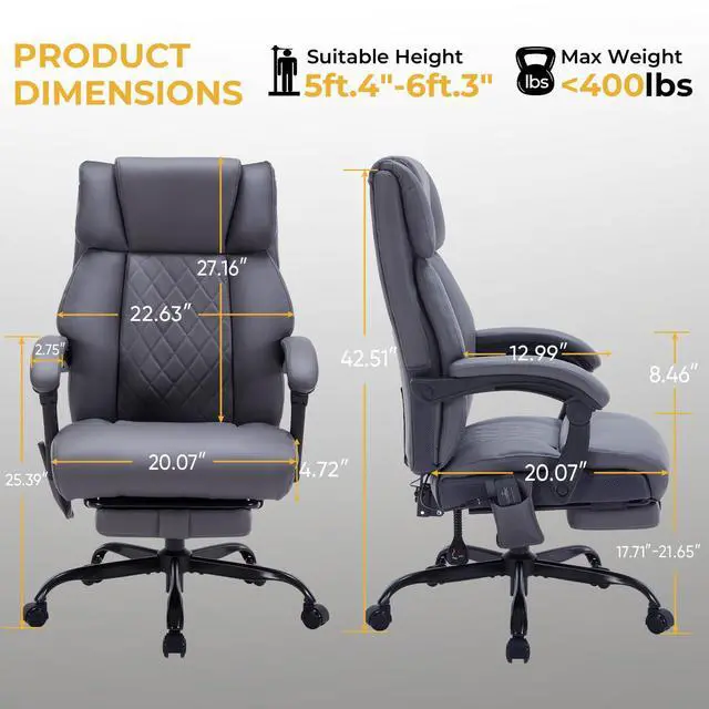 Alt view image 2 of 7 - Massage Office Chair with Foot Rest and Heating, Executive Ergonomic Reclining Leather Office Chair, Big and Tall Desk Chair with Vibration Massager, Computer Gaming Chair for Home & Office Gray
