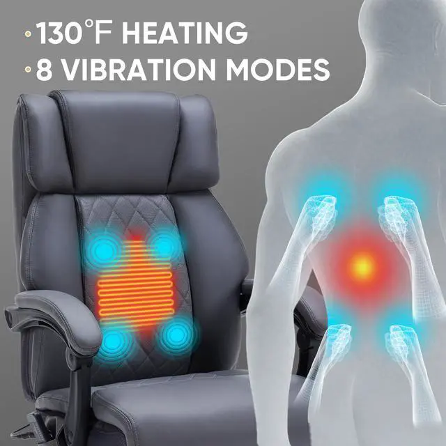 Alt view image 3 of 7 - Massage Office Chair with Foot Rest and Heating, Executive Ergonomic Reclining Leather Office Chair, Big and Tall Desk Chair with Vibration Massager, Computer Gaming Chair for Home & Office Gray