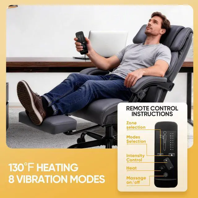 Alt view image 4 of 7 - Massage Office Chair with Foot Rest and Heating, Executive Ergonomic Reclining Leather Office Chair, Big and Tall Desk Chair with Vibration Massager, Computer Gaming Chair for Home & Office Gray