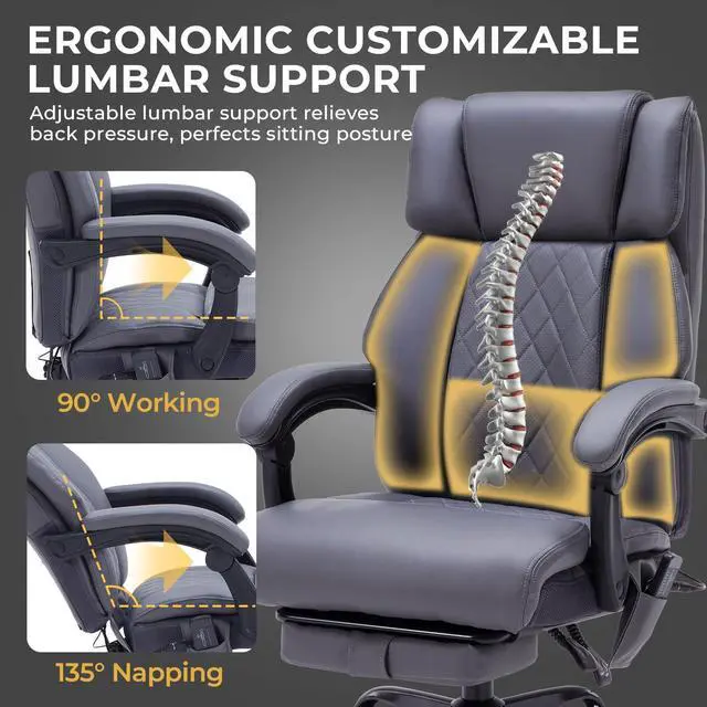 Alt view image 6 of 7 - Massage Office Chair with Foot Rest and Heating, Executive Ergonomic Reclining Leather Office Chair, Big and Tall Desk Chair with Vibration Massager, Computer Gaming Chair for Home & Office Gray
