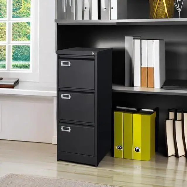 Alt view image 4 of 7 - 3 Drawer File Cabinet with Lock Metal Vertical File Cabinet Office Home Narrow File Cabinet for A4 Legal/Letter Size,Assembly Required (Black, 3 Drawers-Vertical)