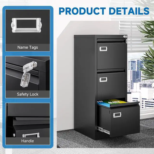 Alt view image 7 of 7 - 3 Drawer File Cabinet with Lock Metal Vertical File Cabinet Office Home Narrow File Cabinet for A4 Legal/Letter Size,Assembly Required (Black, 3 Drawers-Vertical)