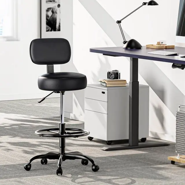 Alt view image 2 of 7 - Drafting Chair with Backrest, Set of 2, Swivel Barstools for Shop | Adjustable Height Rolling Stool with Footrest, Standing Desk Chair for Counter Height Desk, Shop, Home Kitchen, Clinic Studio