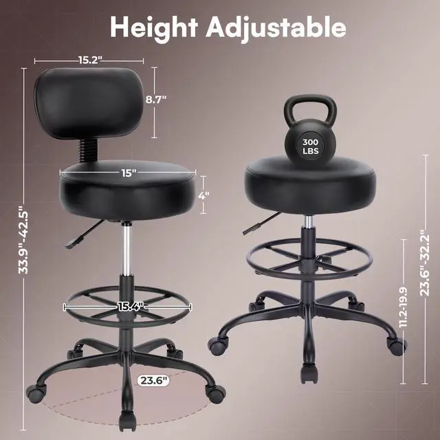 Alt view image 3 of 7 - Drafting Chair with Backrest, Set of 2, Swivel Barstools for Shop | Adjustable Height Rolling Stool with Footrest, Standing Desk Chair for Counter Height Desk, Shop, Home Kitchen, Clinic Studio