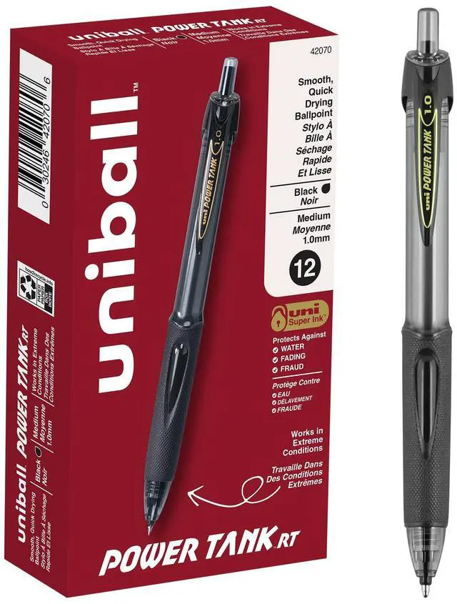 Main image of uniball Power Tank RT Ballpoint Pens, Medium Point (1.0mm), Black, 12 Pack | Pressurized cartridge writes at odd angles, in cold or wet conditions, textured rubber grip, fraud-resistant uni Super Ink