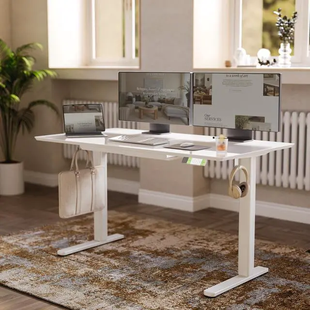 Alt view image 2 of 7 - Glass Standing Desk with Drawers 48x24 Inch Super White | Tempered Glass Top, Ergonomic, 3 Memory Presets, Adjustable Height, Stand Up Desk