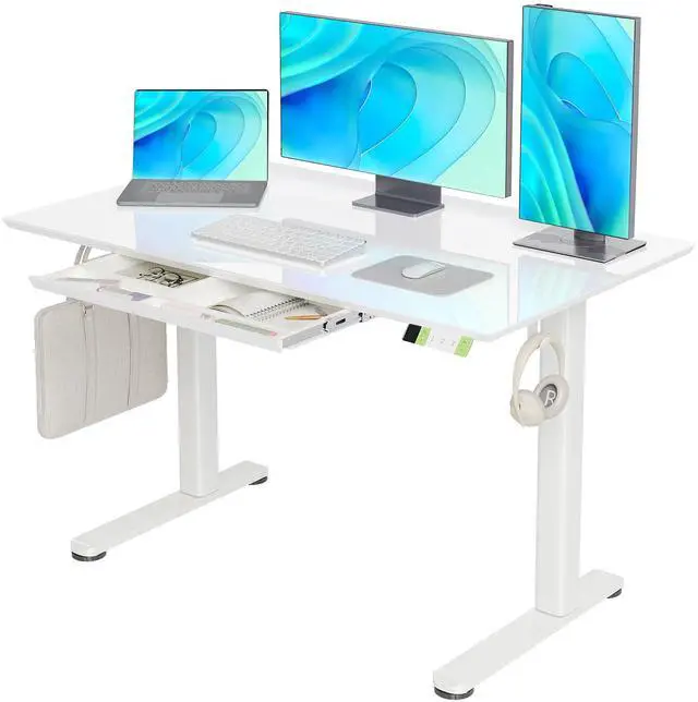Main image of Glass Standing Desk with Drawers 48x24 Inch Super White | Tempered Glass Top, Ergonomic, 3 Memory Presets, Adjustable Height, Stand Up Desk