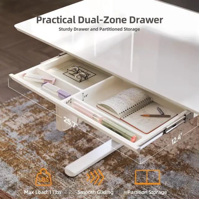 Alt view image 5 of 7 - Glass Standing Desk with Drawers 48x24 Inch Super White | Tempered Glass Top, Ergonomic, 3 Memory Presets, Adjustable Height, Stand Up Desk